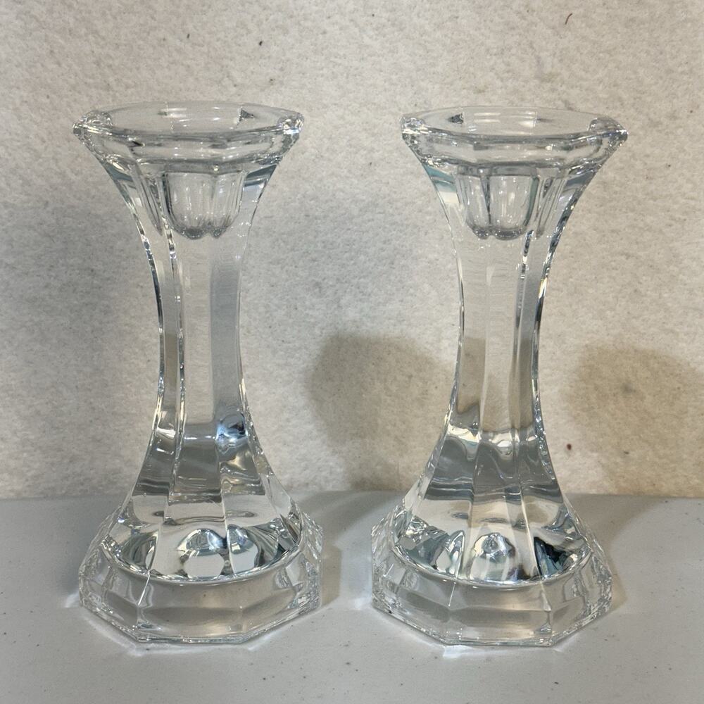 VTG Crystal Clear Glass Candle Holder 6.5” Tall Candlesticks Pair Set Japan Made